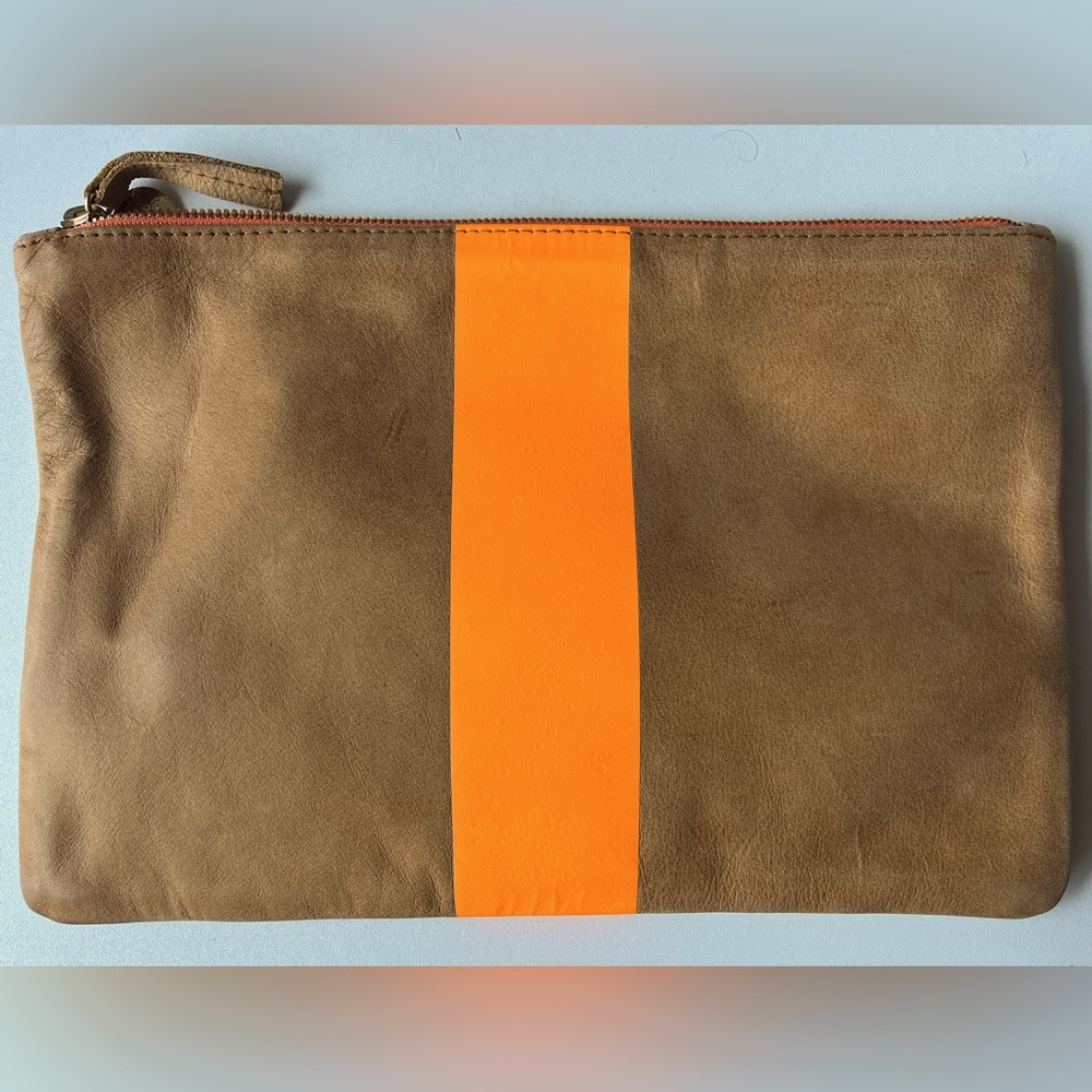 Clare V | Tan leather clutch with neon accent